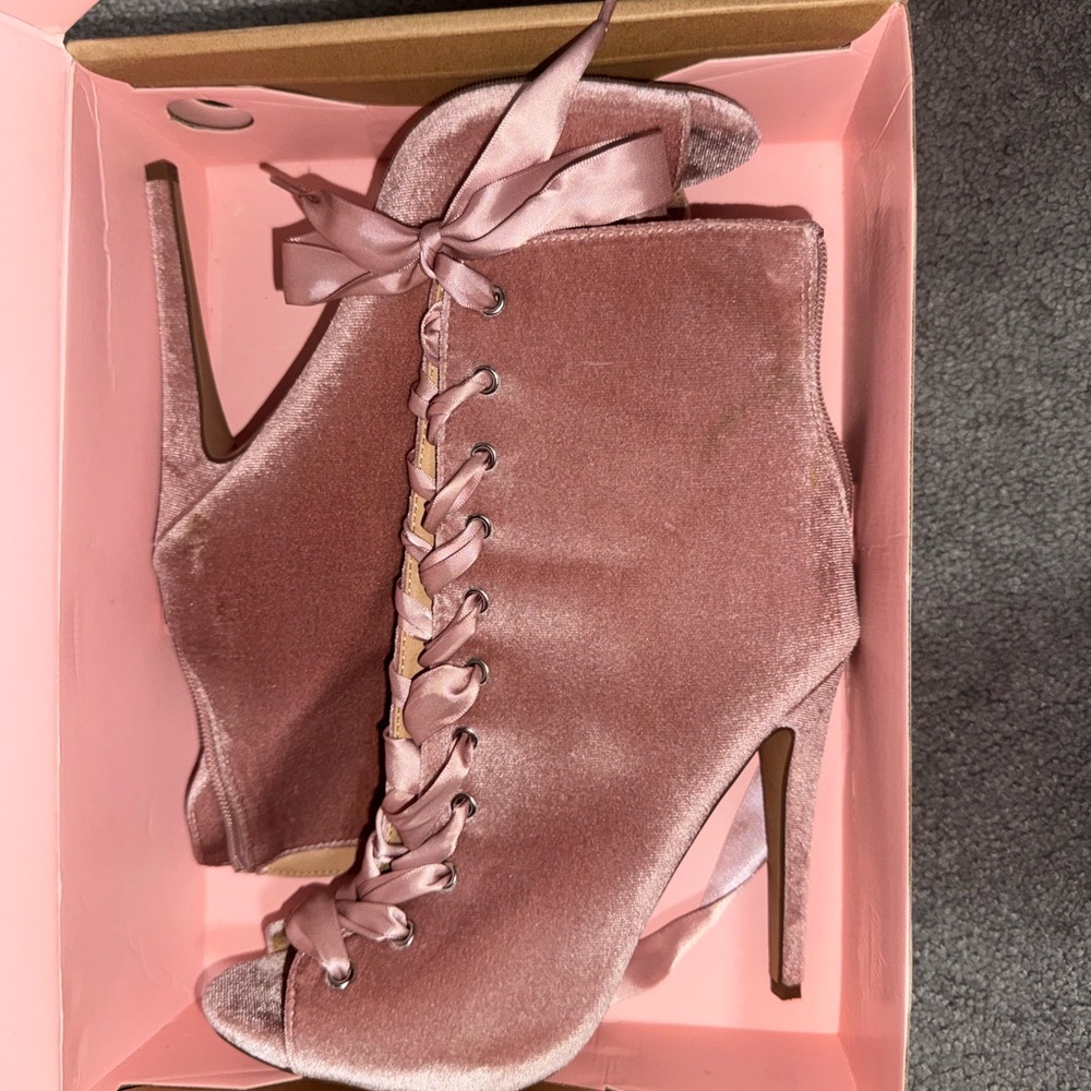 Velvet Lace-Up Stiletto Heels - Pink
